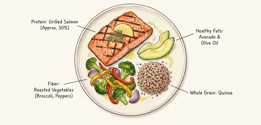 A plate of protein sources — chicken, eggs, Greek yogurt, tofu, and lentils.