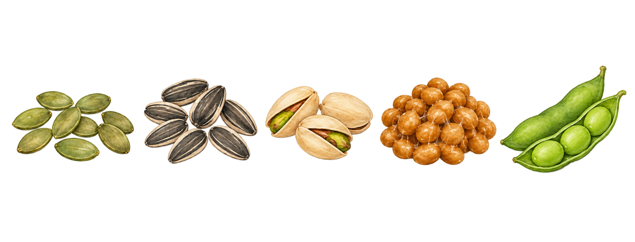 Watercolor illustrations of Pumpkin seeds, Sunflower seeds, Pistachios, Natto, and Edamame